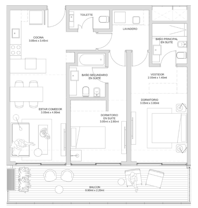 Plano de 3 ambientes con dos suites